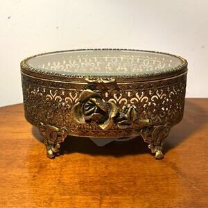 24k Gold Ornate Jewelry Trinket Box with Legs H 6” W 3”